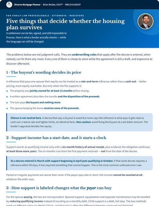 First page of the handout: Five things that decide whether the housing plan survives